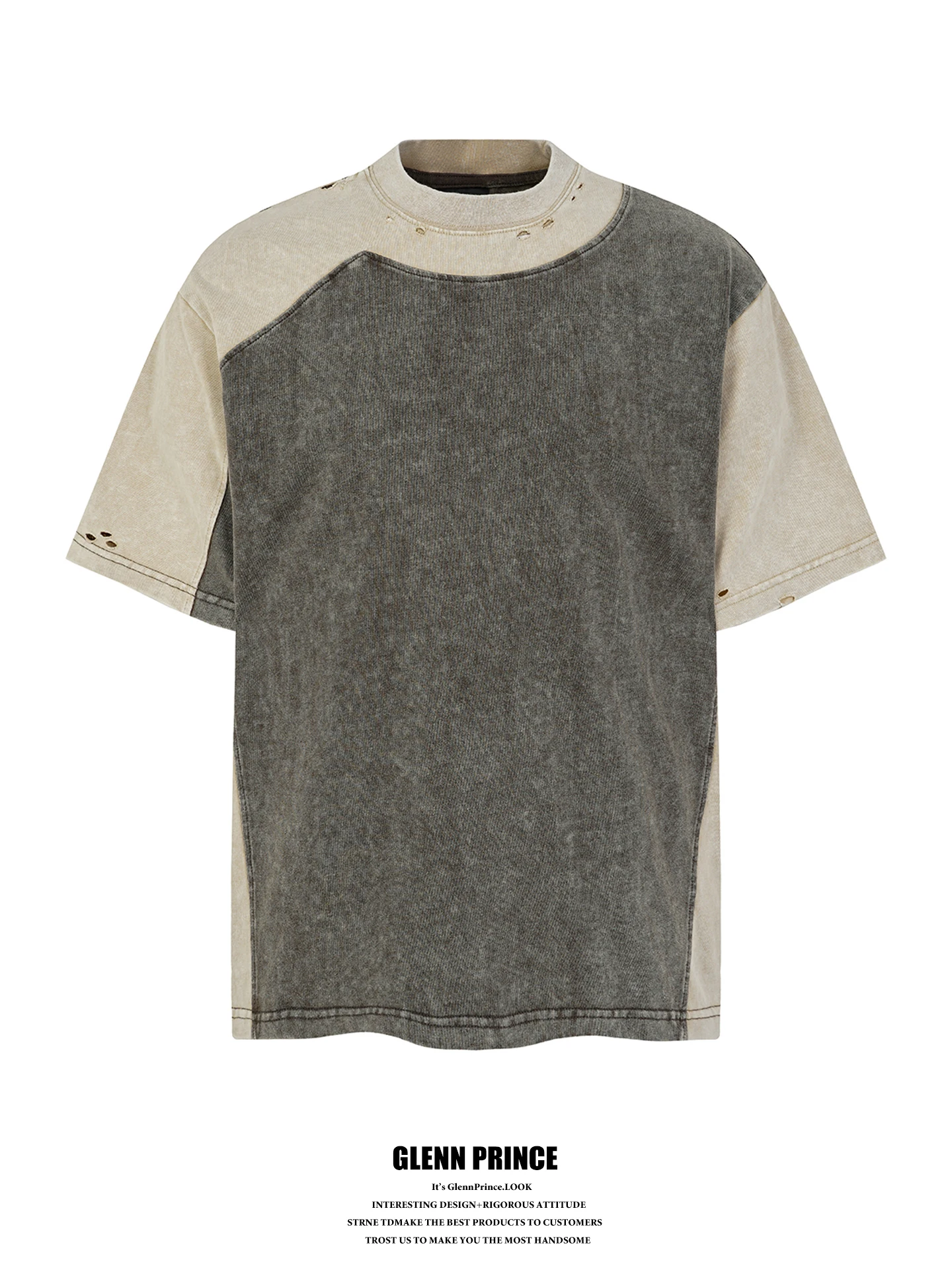 

GPstudio American Retro Structure Color Block Hole Short Sleeve Men's T-shirt Loose Half Sleeve Top Fashionable Casual Cotton...