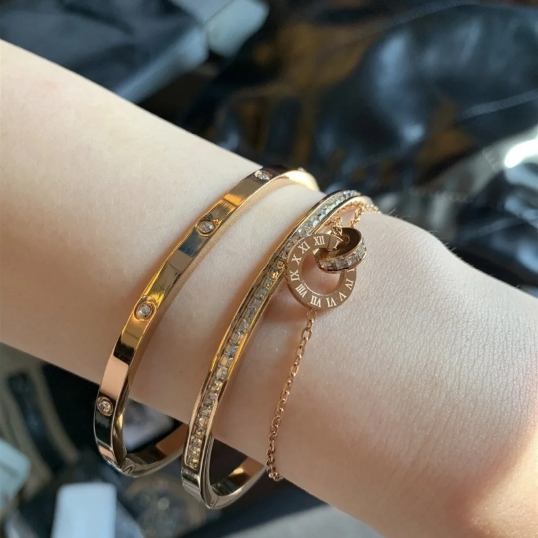 Htpwe Stainless Steel Diamond Ring Stacking Bracelet Women 18k Gold Plated Couple Holiday Gift Fashion Bracelet Party Jewelry image 5