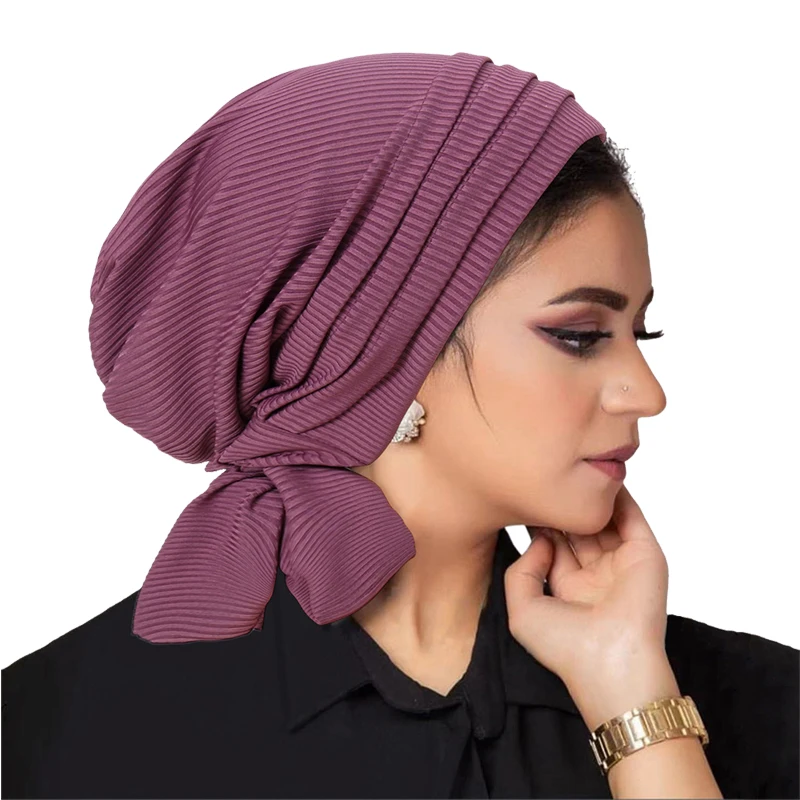 

Women Muslim Pleated Pre-Tied Turban Hijab Underscarf Ribbed Stretch Chemo Hat Sleep Hair Cover Head Wrap Scarf