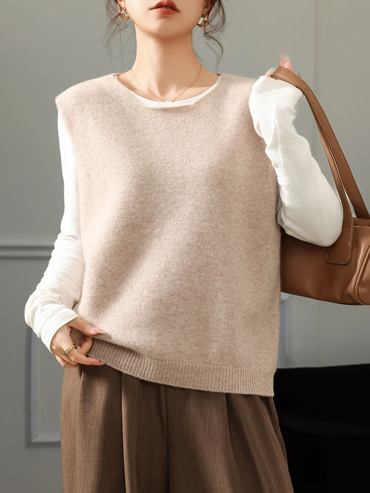 

Simple Sle round Ne Svel Pure Wool Knitted Vest Women Loose Versatile Camere Layering Slimming Top Sweater