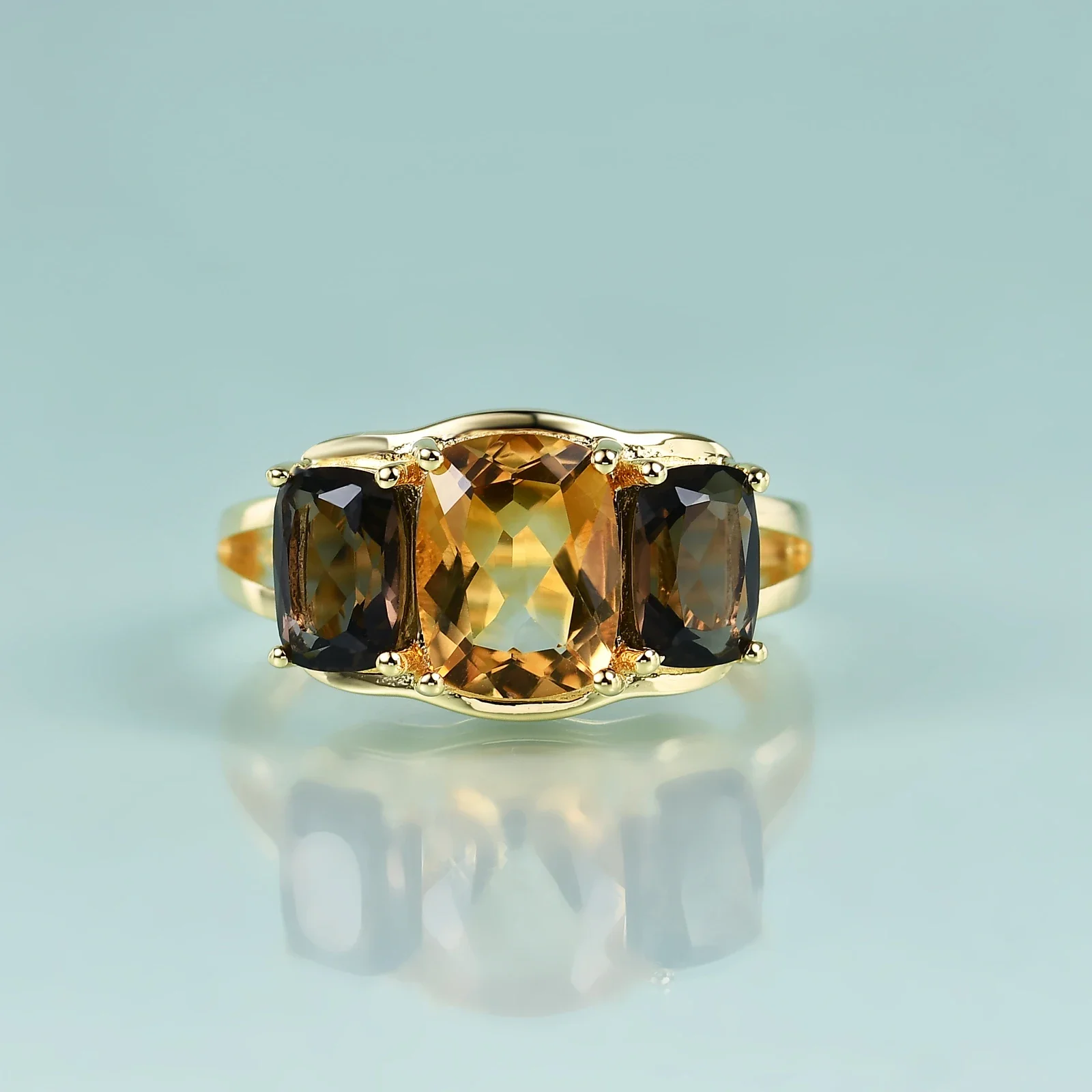 GEM\'S BALLET 925 Sterling Silver Natural Smoky Quartz Citrine Three-Stone Engagement Ring Gift For Her Trending Gold Jewelry