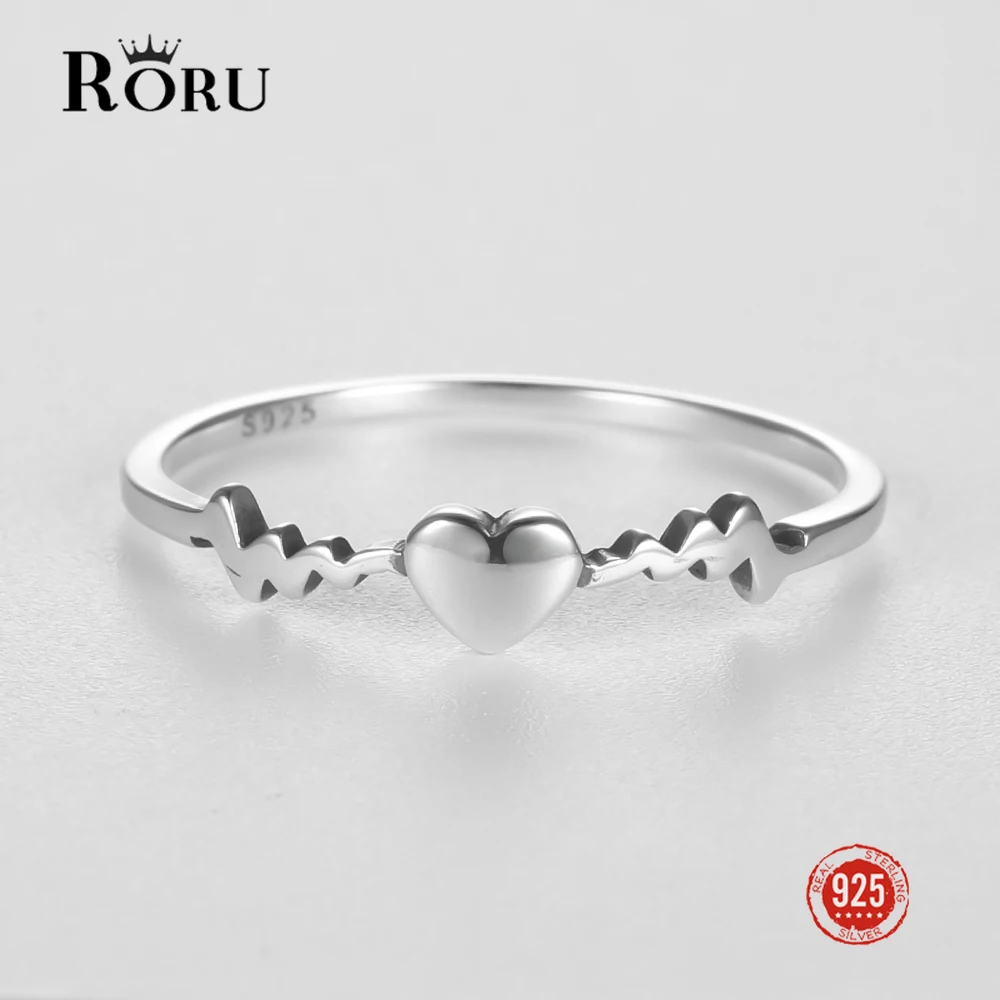 RORU Real S925 Rings Geometric Sweet Heart ECG for Women Female Electrocardiogram Wave Ring Party Fashion Fine Jewelry Gifts