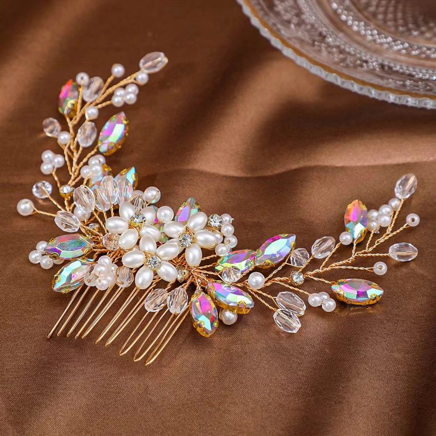 Color Crystal Pearls Wedding Hair Combs Miraculous Women Headbands Accessories Flower Bridal Headpiece Clip Bride Jewelry Gift