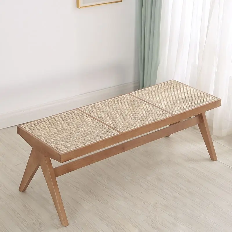 

Real wood rattan stool bench can sit Nordic vintage solid wood chair for bedroom changing shoes chair furniture