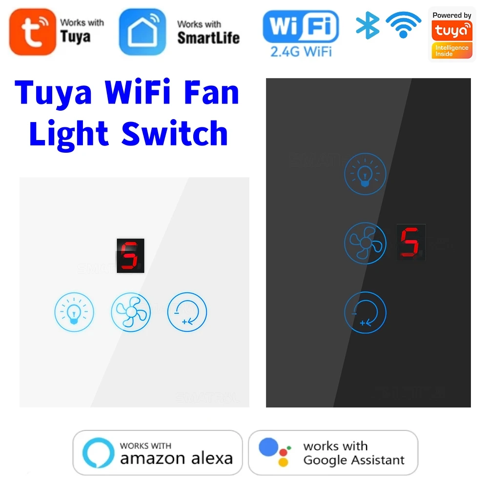 

EU/US Plug Tuya Smart WiFi Fan Light Switch 1-5 Gears Speed Wall Glass Panel Touch Switch for Alexa Google Home Smart Life