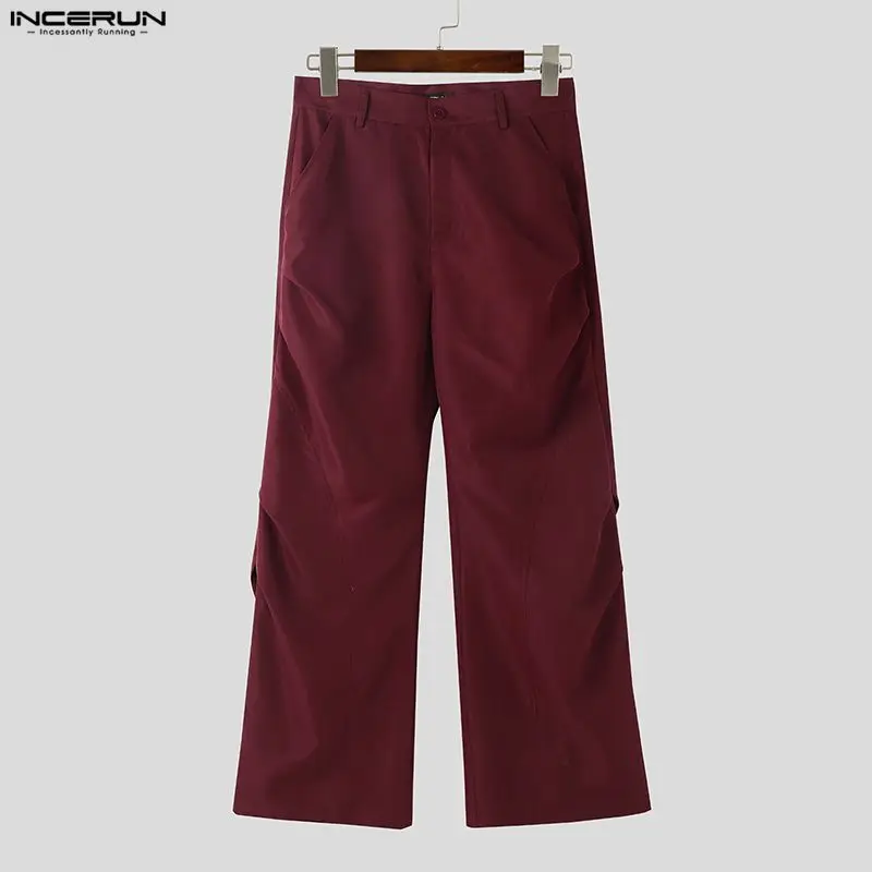 INCERUN Men Pants Solid Color Button Joggers Loose Casual Pleated Trousers Men Streetwear Fashion Leisure Male Flare Pants S-5XL