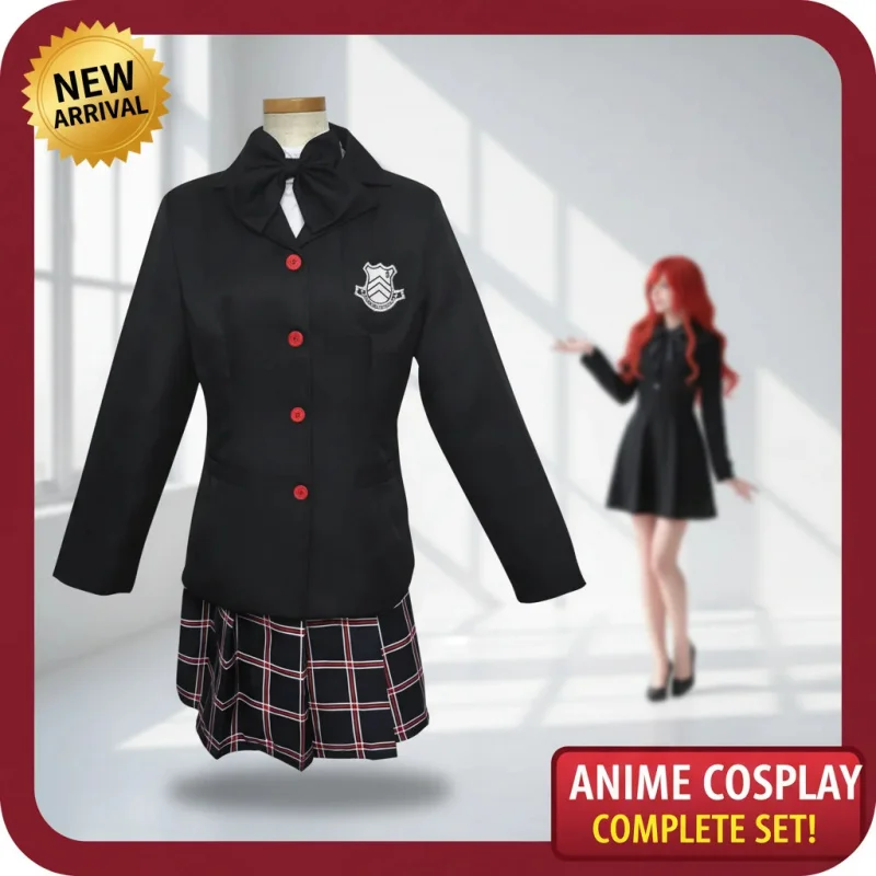 ▶ ❤ Disfraz de Cosplay de Persona 5 Kasumi Yoshizawa, Peluca, Uniforme Escolar, Cabello Rojo, Halloween, Traje Negro para Mujer, Carnaval ❤ ◀