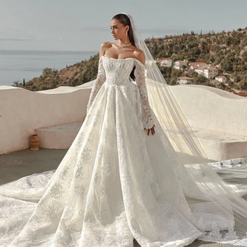 فستان زفاف دانتيل مخصص بأكمام طويلة Estilo Princesa أنيق أبي...