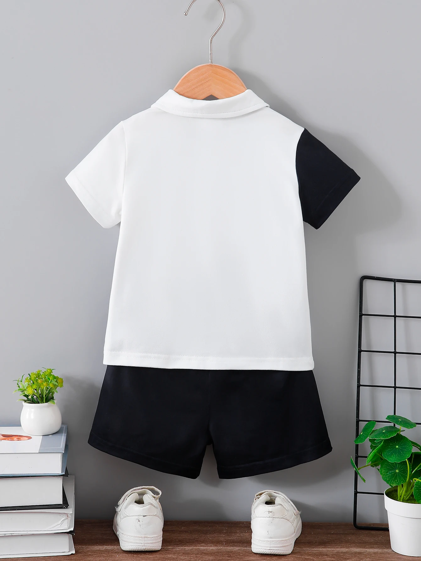 Boys Summer Plaid Polo Set Black White Color Block Short Sleeve Polo Shirt Pure Black Shorts Two Piece Set for Baby Boys