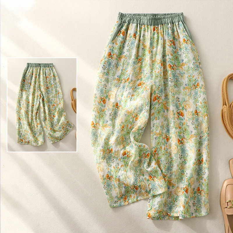 Pantalon large ample d'été pour femme, taille haute, imprimé ethnique, modèle fin, style décontracté, neuf points