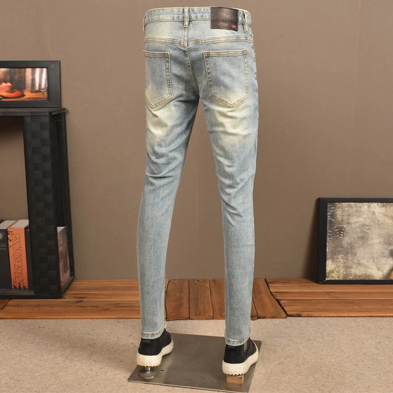 Streetwear Fashion Men Jeans Retro Blue Elastic Skinny Fit Ripped Jeans Men Painted Designer Trousers Vintage Denim Pants Hombre