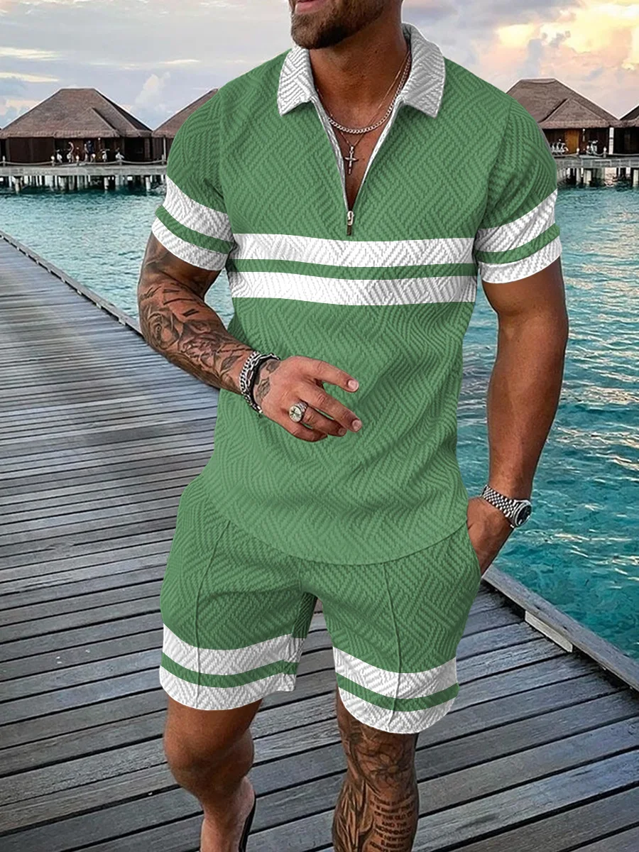 

Summer streetwear, Casual suits, Fun 3D Striped Printed men's Shorts sets, Fashionable Polo zippers, shorts, two-piece Suits
