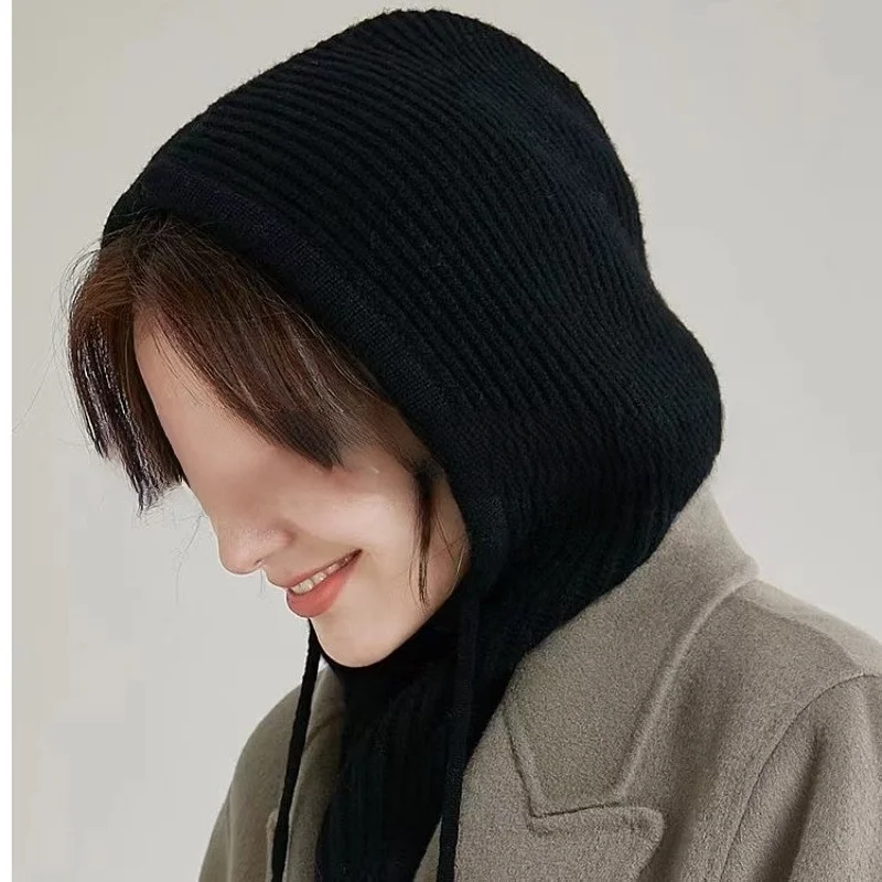 가을 겨울 따뜻한 목도리 일체형 니트 후드 방풍 모자 스키 귀목 보호 울 모자