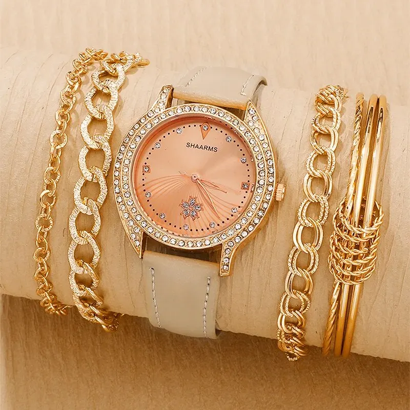 5Pcs Watch Bracelet Set Women Fashion Casual Leather Belt Watches Ladies Simple Round Dial Quartz Wristwatches Dress Clock