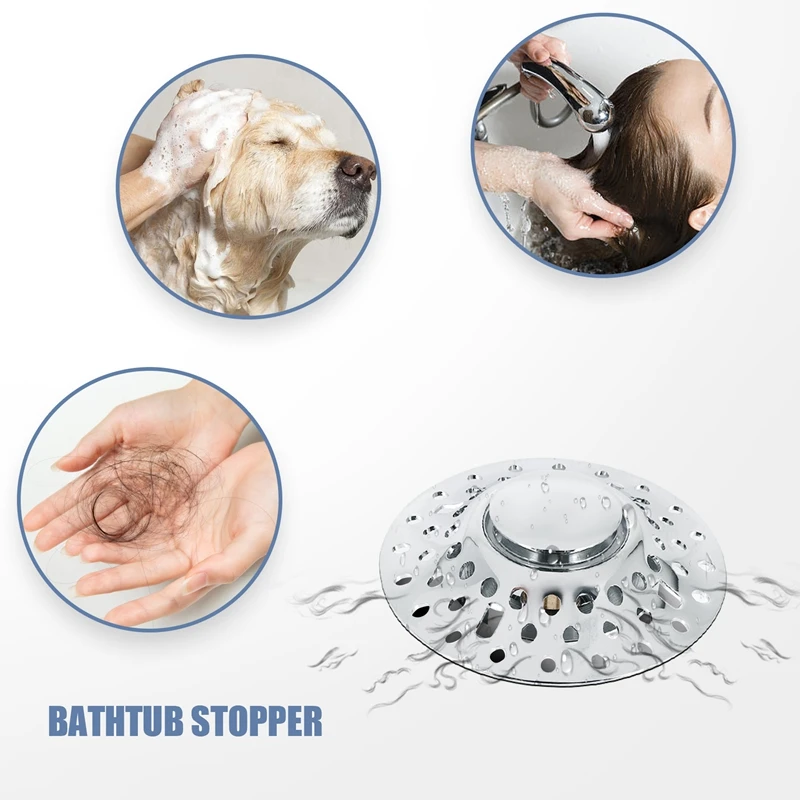 TKOH-2 In 1 Bathtub Stopper With Drain Hair Catcher, Anti-Clogging Tub Stopper With Dual Filtration, For 1.4-2.0In Drain Hole