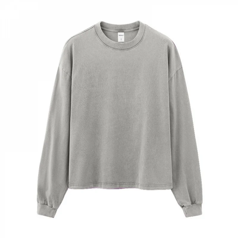 

Мужская футболка с длинным рукавом, осень 2025, Новое поступление, американский ретро, 100% хлопок, винтажные потертые топы серого цвета