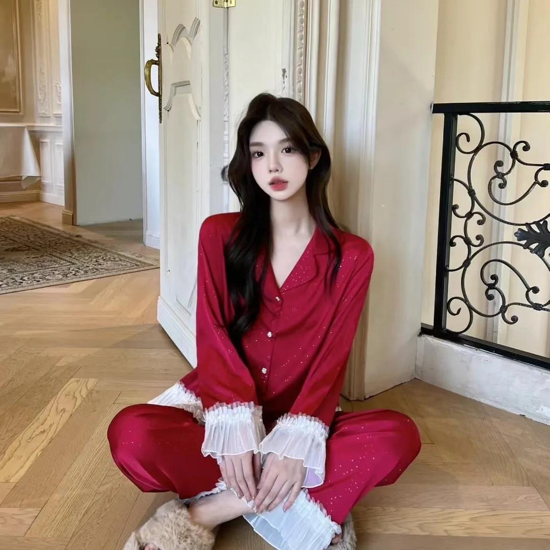 New Pearl French Sweet and Elegant Mesh Splicing Women's Summer Home Clothes Long Sleeve Long Pants Ice Silk Thin Pajamas