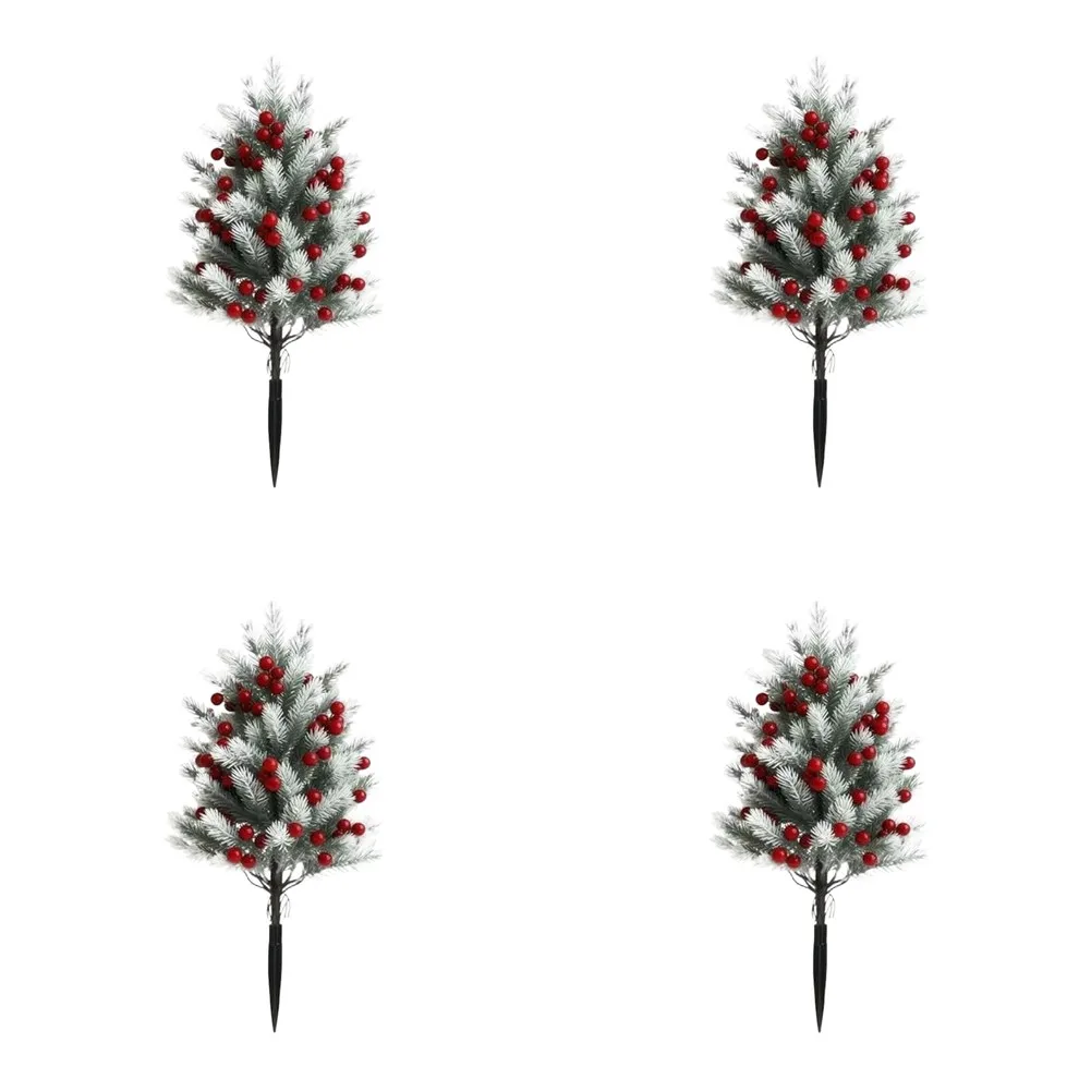 4pcs 57cm Pine Branch Ground Stakes with Red Berries Weather Resistant Plastic for Garden Yard Patio and Table Decoration