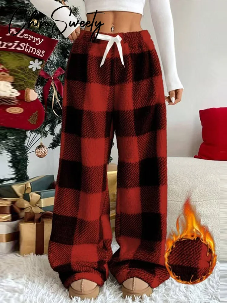 Spodnie damskie na sznurku w kratę, świąteczne, z obniżonym stanem, plisowane, z szerokimi nogawkami, na wiosnę i jesień 2026, z panelami.