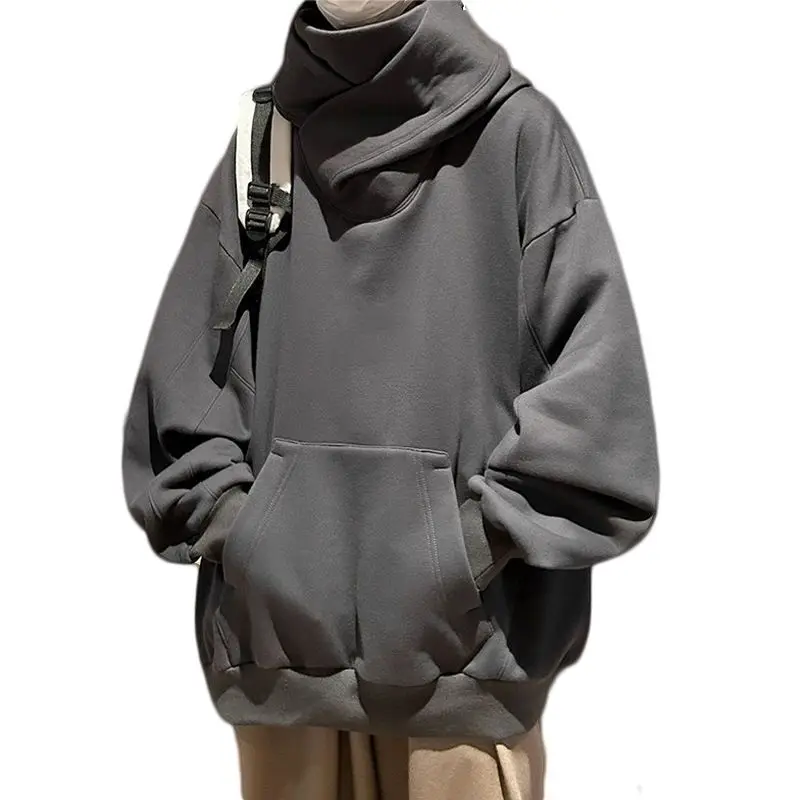Men's Solid Color Versatile Black Warrior Autumn and Winter Heavyweight Functional High Neck Trendy Casual Hooded Sweatshirt Swe