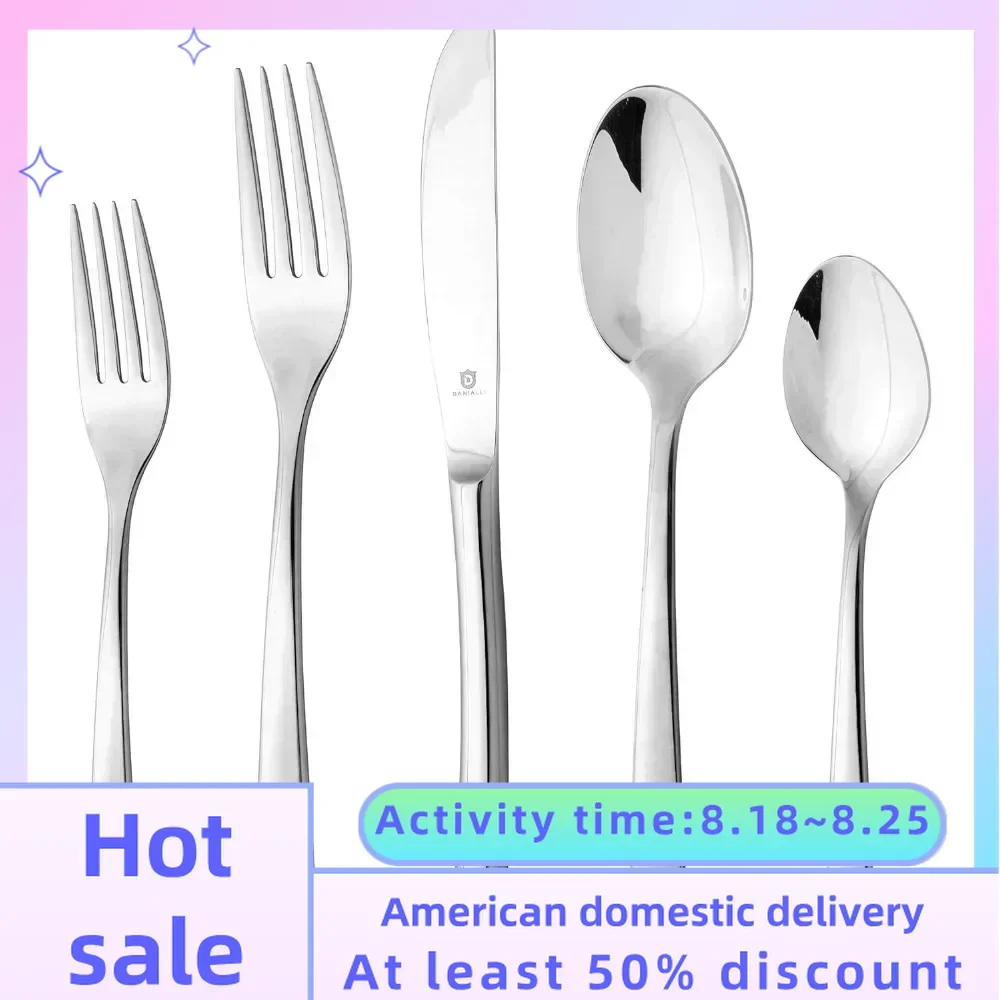 

Modern Sleek Flatware Set Includes Knife/Fork/Spoon & Long Teaspoon/Salad Fork Mirror-Polished & Dishwasher Safe Cutlery Spoons