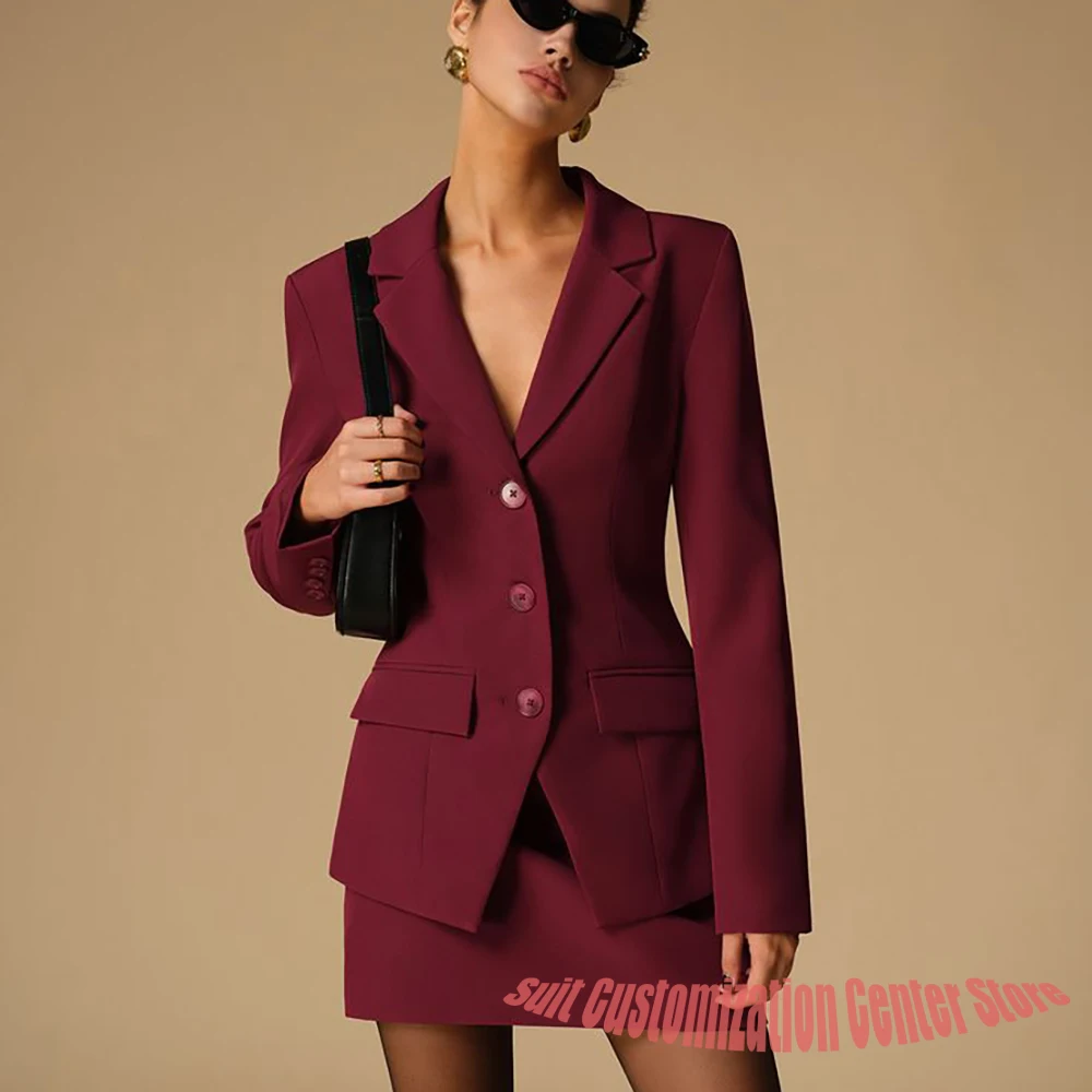 

Burgundy Slim Fit Woman Clothes Single-Breasted Notch Lapel Blazer with Mini Skirt Retro Sexy Evening & Party Suit Set