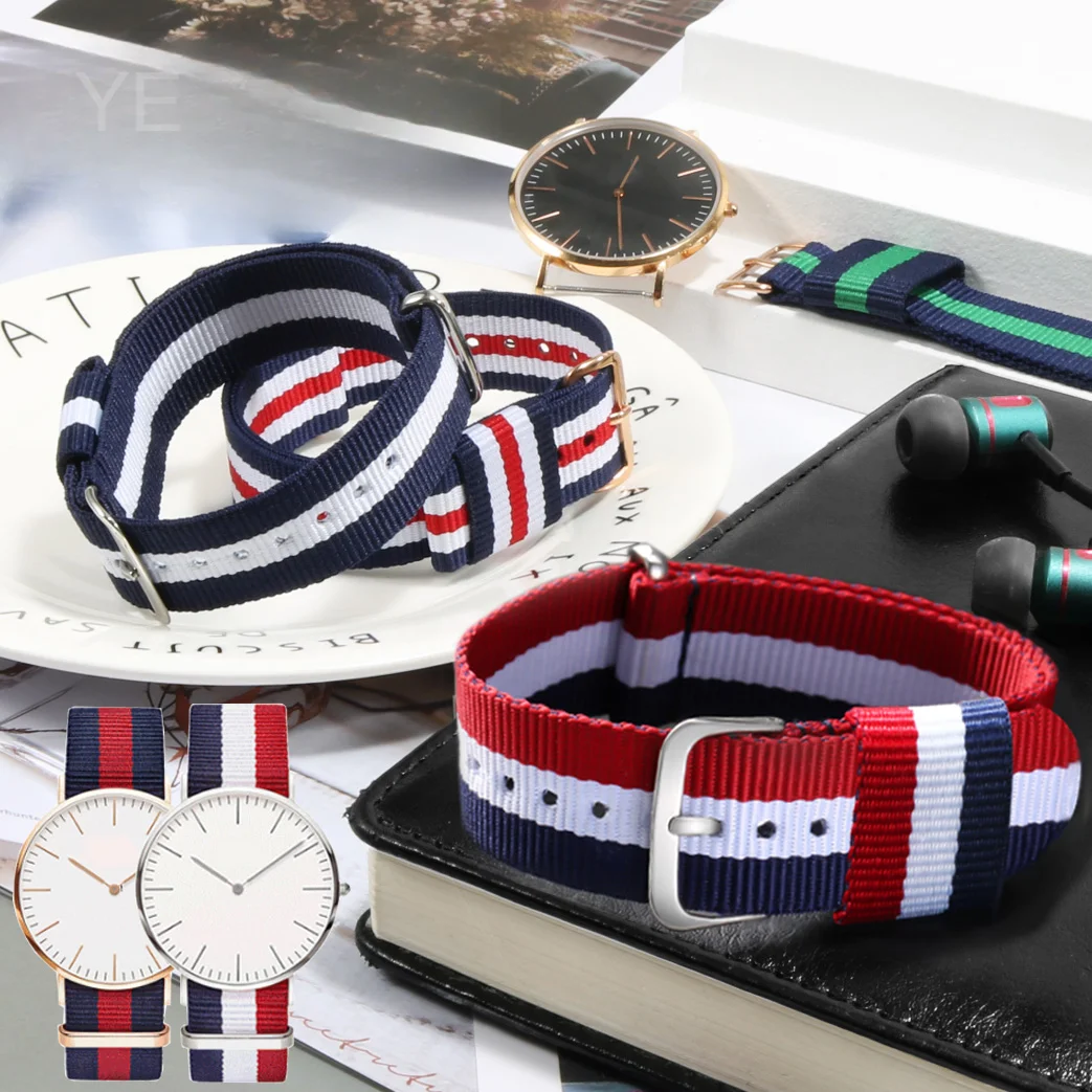 DW Color Blocked Canvas Watchbands for Daniel Wellington Feile Disney Blue White Red Black Waterproof Nylon Strap 18 20 22mm