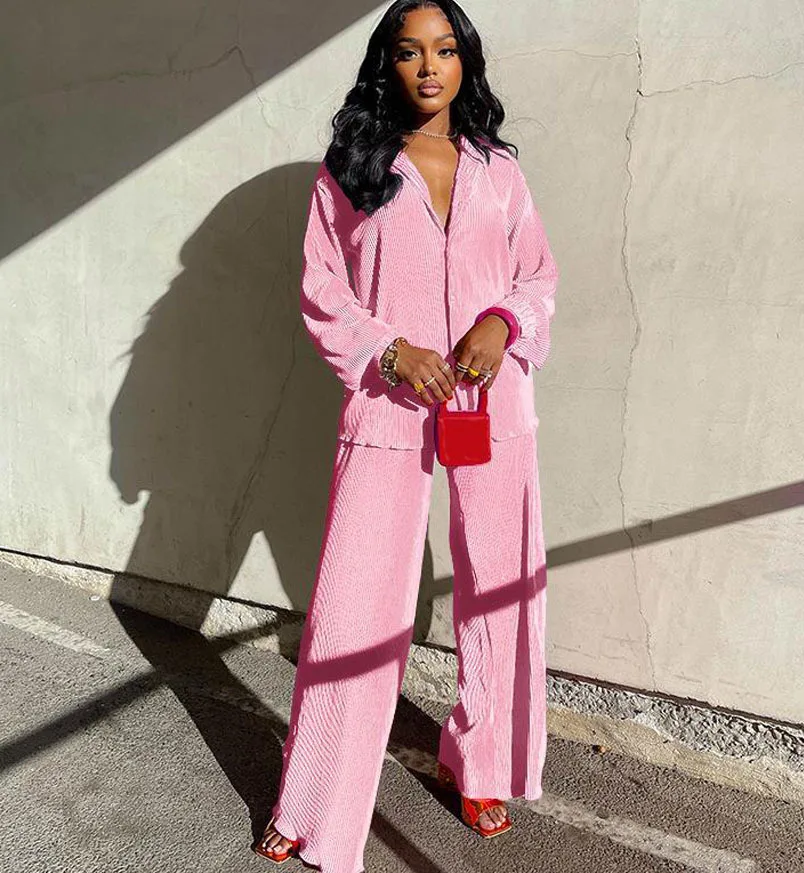 Pleated Solid Women Set Long Sleeve Shirts and Straight Wide Leg Pants Suits Tracksuit Two Piece Set Fitness Outfits