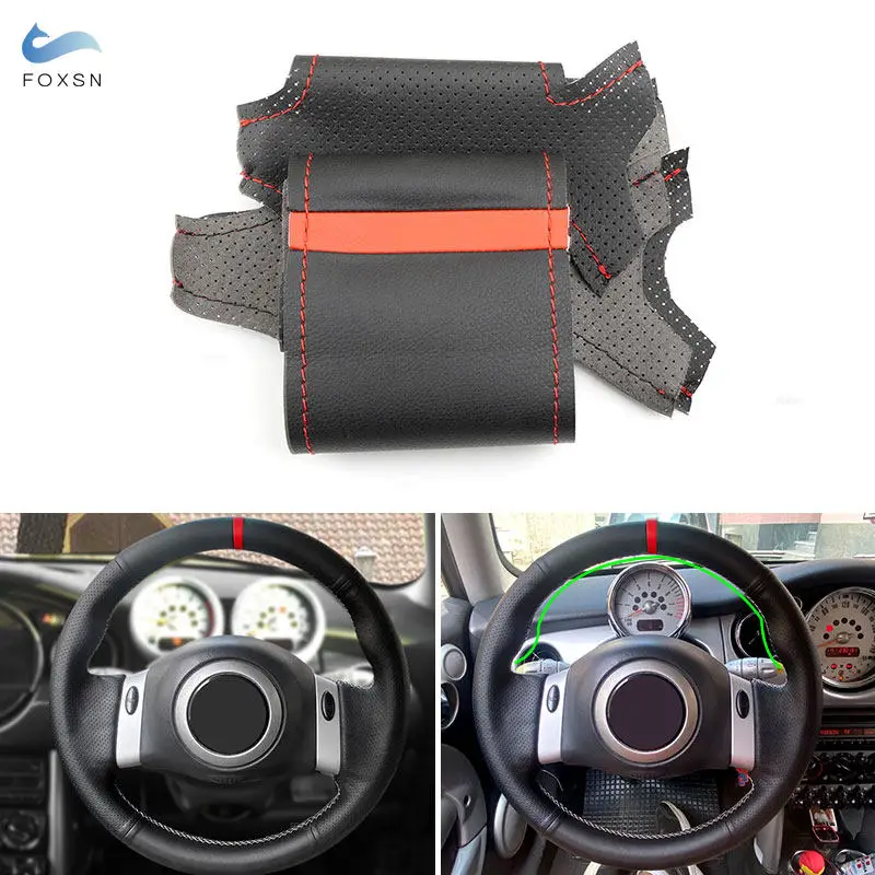 Car Steering Wheel Cover Leather Trim For Mini Coupe 2001 2002 2003-06 Convertible 2004 2005 2006 2007 2008 Black with red strip