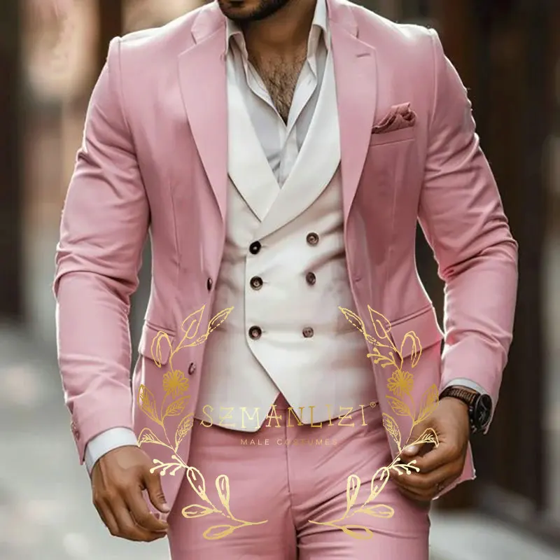 

2024 Pink Jacket Pant Iovry Vest Men's Suit 3-piece Formal Wedding Tuxedo Groom Custom Made Suit Elegant Party Dress for Men