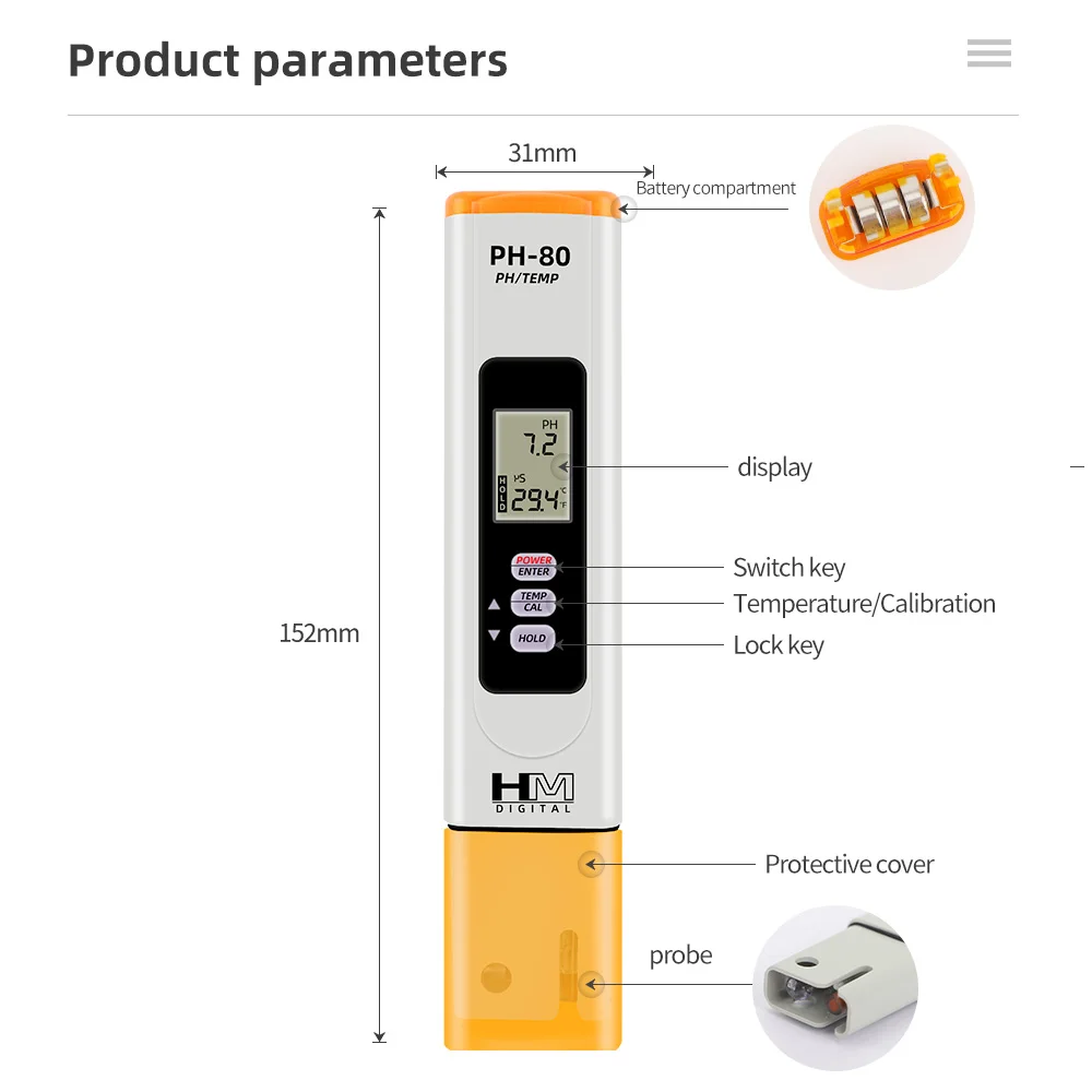 HM Digital PH-80 pH /Temp HydroTester with One-touch automatic digital calibration and Datahold