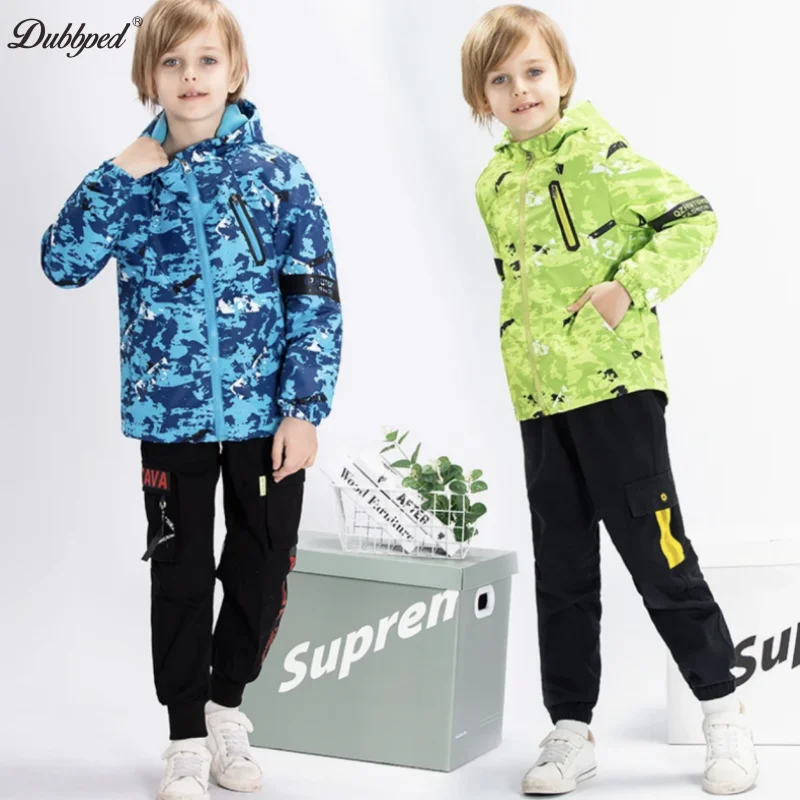 Dubbped Boys Coat Spring Winter Fleece Jacket Boys Windproof Raincoat Children Long Sleeve Hooded Clothes Windbreaker Outerwear