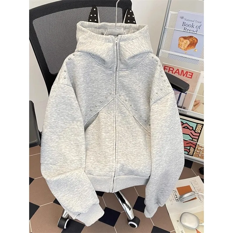 

Мужская толстовка оверсайз с капюшоном, осенне-зимняя, теплая, из полиэстера, с заклепками, в уличном стиле, парная куртка