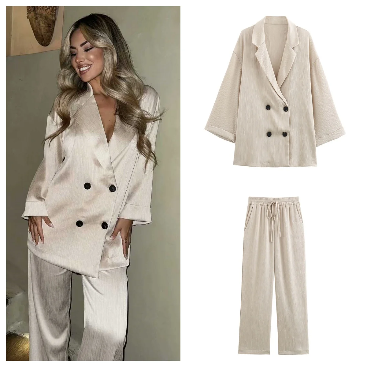 

Осень 2024, женский повседневный пиджак, пальто, брюки, комплект, двубортный пиджак с длинными рукавами + широкие брюки, женский офисный наряд