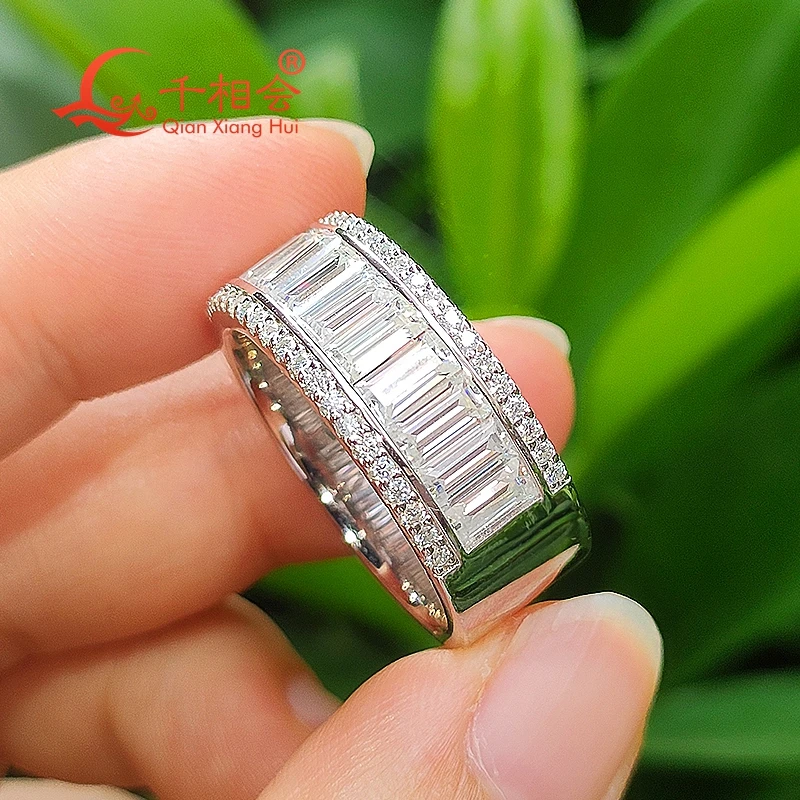 8.5mm baguette with around round shape Silver Moissanite Ring Men women Diamonds jewelry  wedding datting gift fine Jewelry