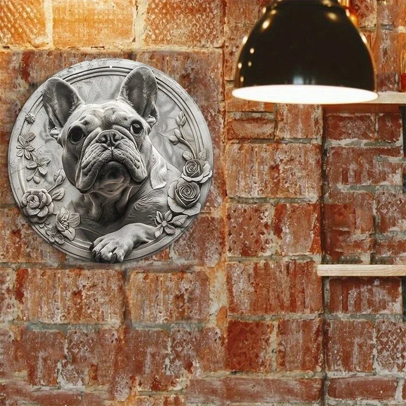 Aluminum Metal Sign Circular Metal Plaque Decoration Black And White Art Print Of French Bulldog wall decor room farmhouse decor