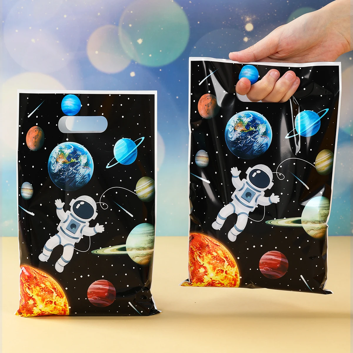 10/25/50 Uds. Bolsa de embalaje de regalo para fiesta temática de astronauta del espacio exterior de dibujos animados bolsa para pastel de caramelo para niños recuerdos de fiesta de feliz cumpleaños