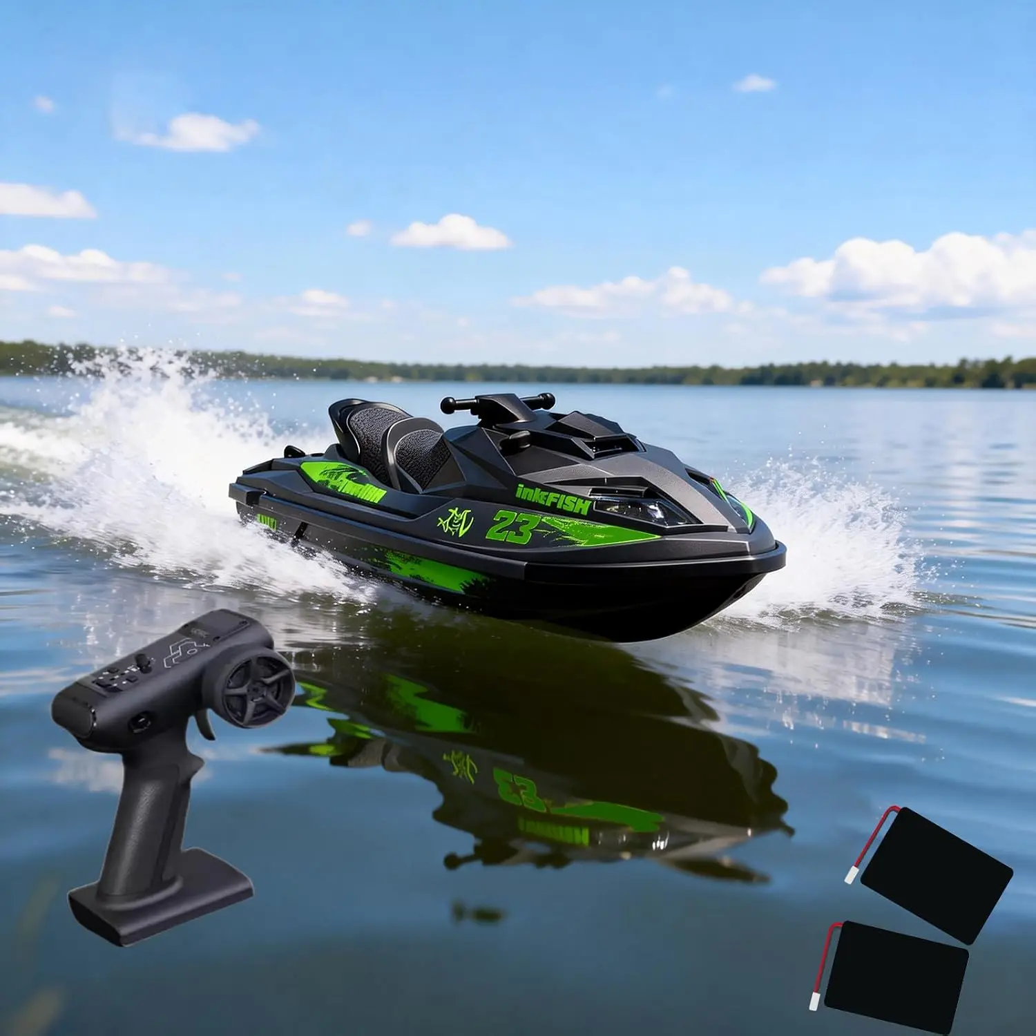 Remote Control Jet Racing Boat – High-Speed 20km/h Motorboat Watercraft with LED Lights, 7.4V 2000mAh Dual Batteries, for Beginners Ages 14+ in Lake & Pool, Green