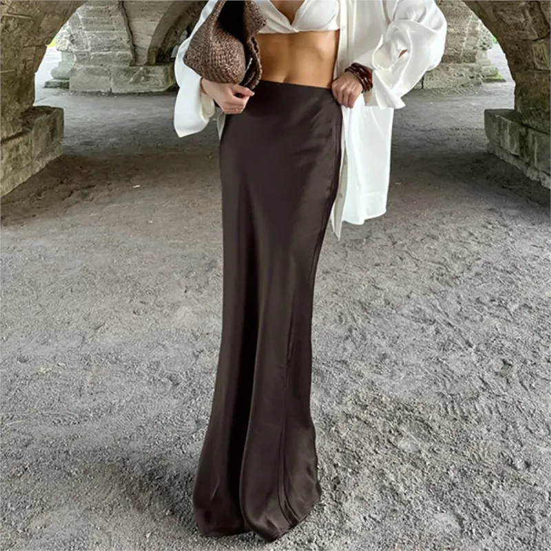 Brown Floor-length Fishtail Dress 2024 Autumn-winter Vintage Earth Brown Sag French Satin Skirt Women's Wear