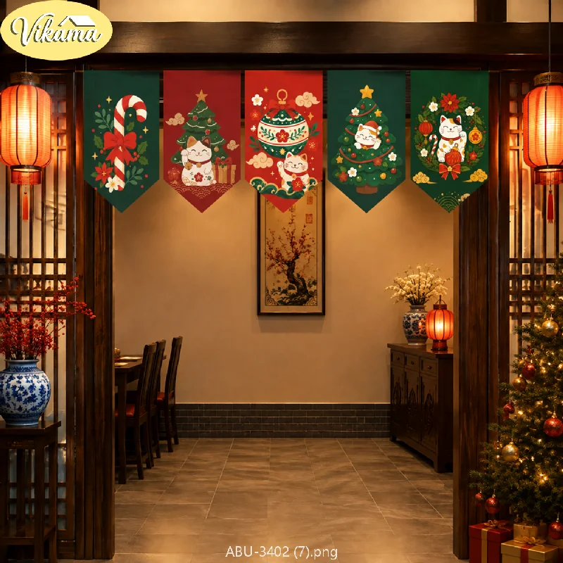 VIKAMA Chinese-Style Christmas Hanging Pennants, Maneki-neko Christmas Tree Banners, Festive Wall and Door Frame Home Decor