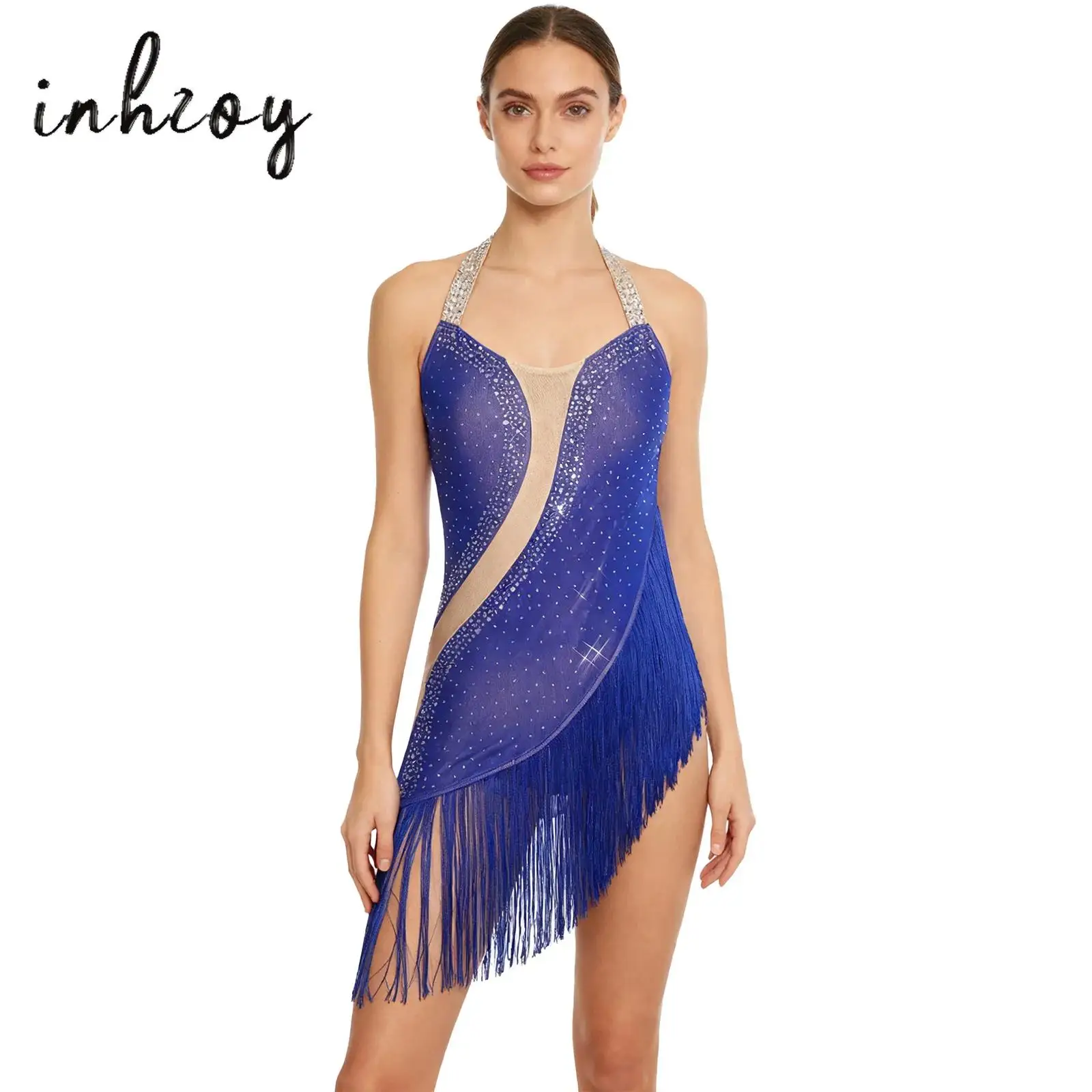 

Women's Latin Dance Dress Rhinestone Halter Backless Irregular Hem Tassel Skirted Leotard Bodysuit Tango Cha-cha Dance Costume