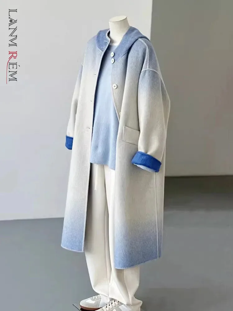 

LANMREM Winter Blue Gradient Wool Long Coat For Women Hooded Fashion Single Breasted Loose Fit Clothing 2024 New 32C1606