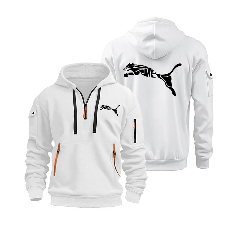 Men's Casual Sports Hoodie Spring Autumn Fashion Solid Color Long-Sleeved Pullover with Arm Pocket And Pull Rope Plus Size