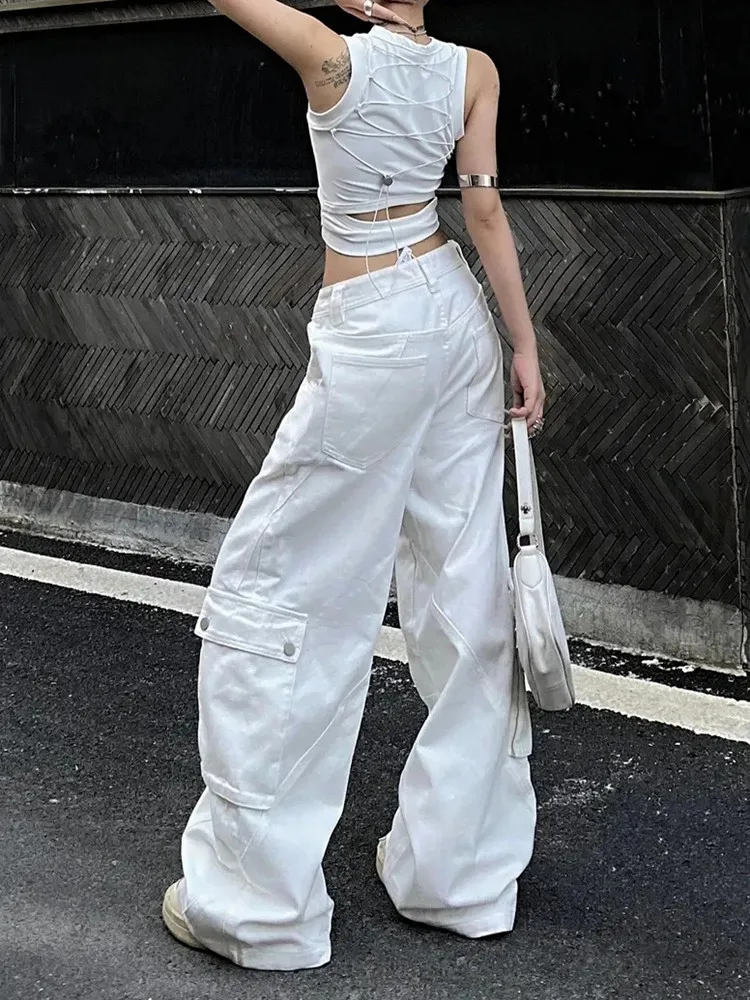 Jean Cargo Baggy Blanc pour Femme, Pantalon Kpop, Jambes Droites et Larges, Mode Coréenne Y2K, Vêtements Décontractés et Élégants, FjLady, Nouveau, 2023