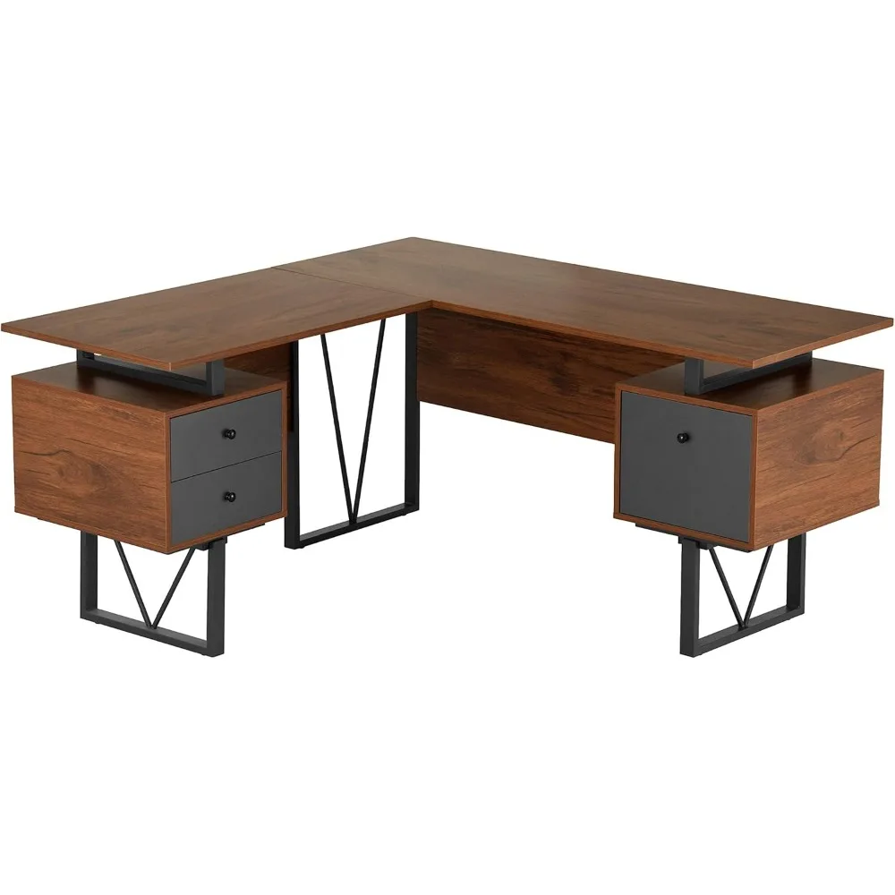 Techni Mobili-gavetas em forma de L reversíveis, armário de arquivos versátil moderno, Home Office Desk, marrom, 59 "W x 57.3" D x 30 "H