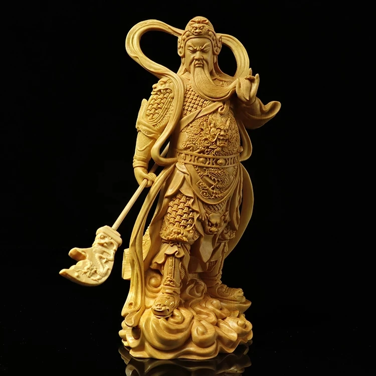 

Boxwood 12cm 18cm Guan Gong Sculpture Wood Skanda Samgharama Painted Gold Buddha Statue Door God Worship Home Decor