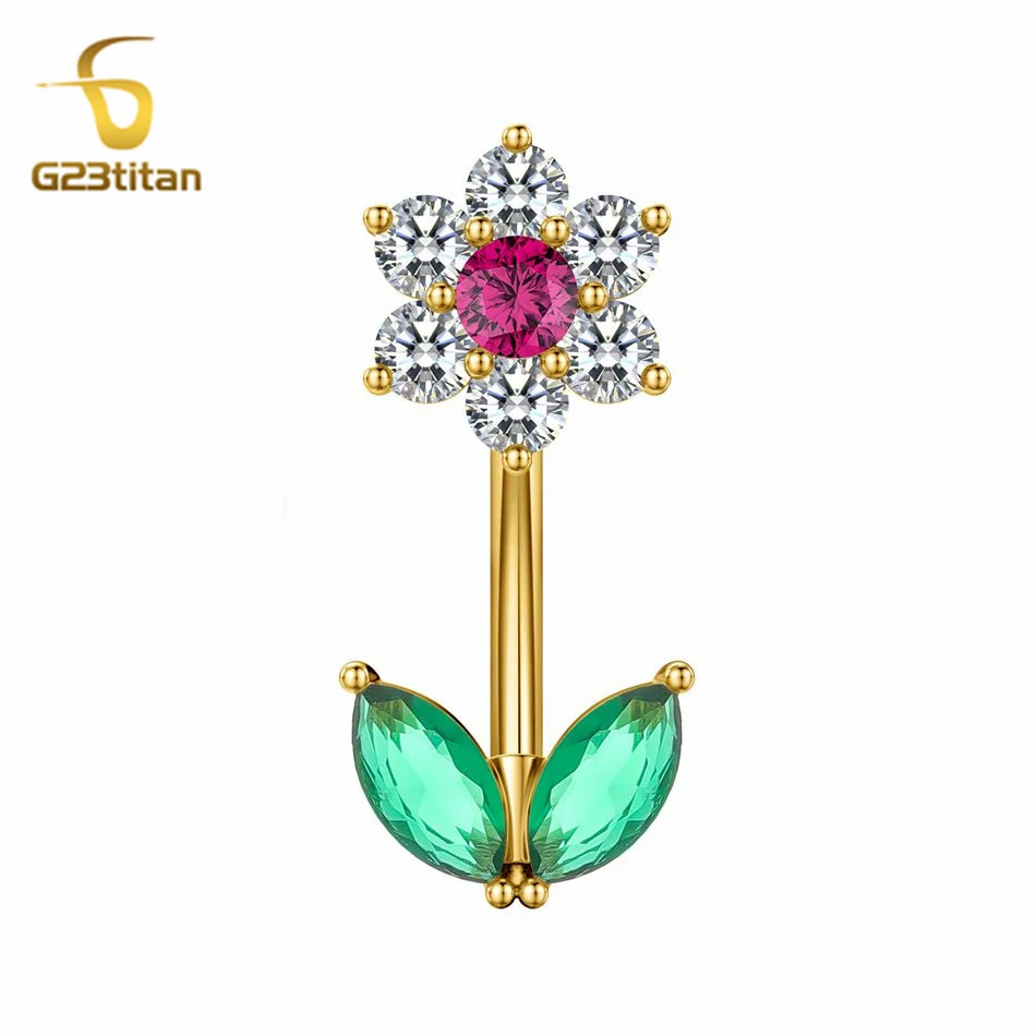 G23titan 14G Zircon Flower Barbell Belly Button Ring Women Body Sexy Navel Piercing Anti Allergic Jewelry Accessories Ombligo