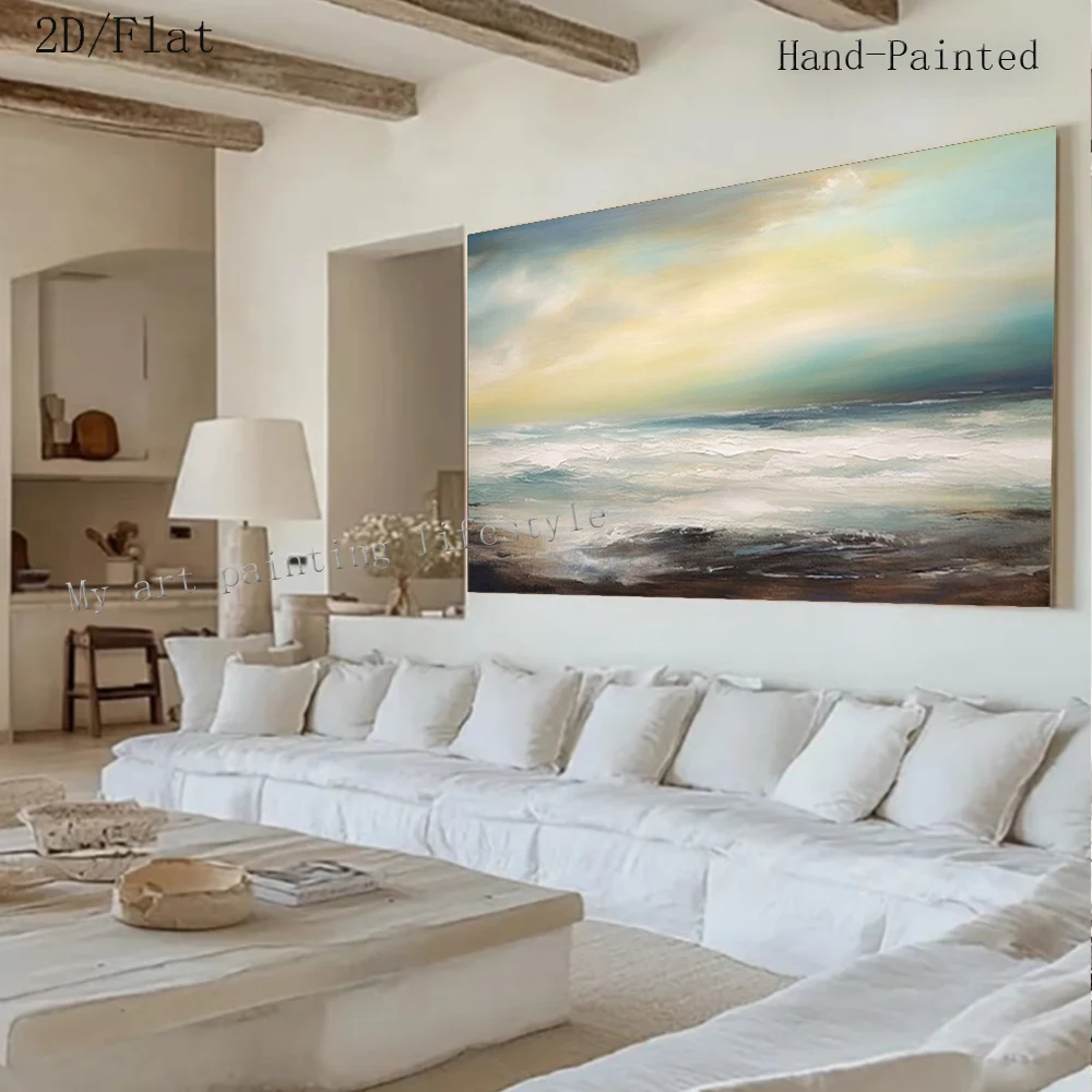 100% Hand Drawn Abstract Oil Painting Large Gold Sea View Wall Art Picture Original Mural for Home Living Room Decor Artwork