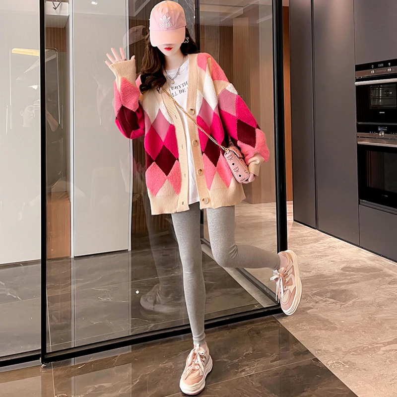 New Loose Rhombic Lattice Oversized Knitted Cardigan Women Korean Fashion Netred Casual Elastic Ladies Pink Sweater Cardigan 2