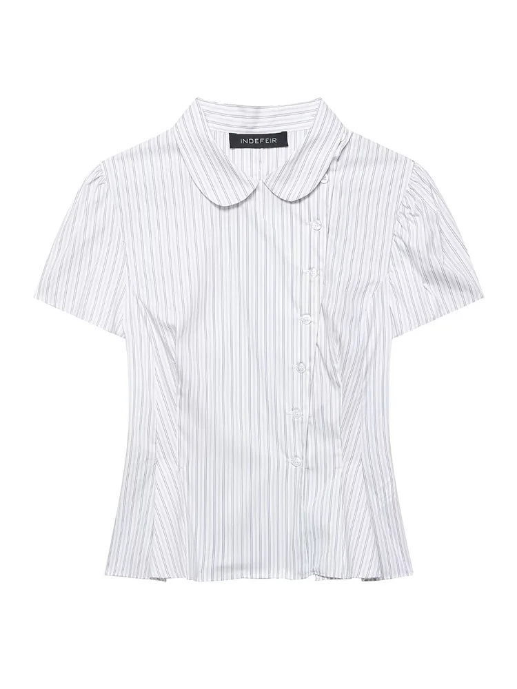 HH Spring Women Shirt Striped Lapel Single Breasted Female Elegant Short Sleeve Casual Loose Versatile Waist 2026 Short Blouse